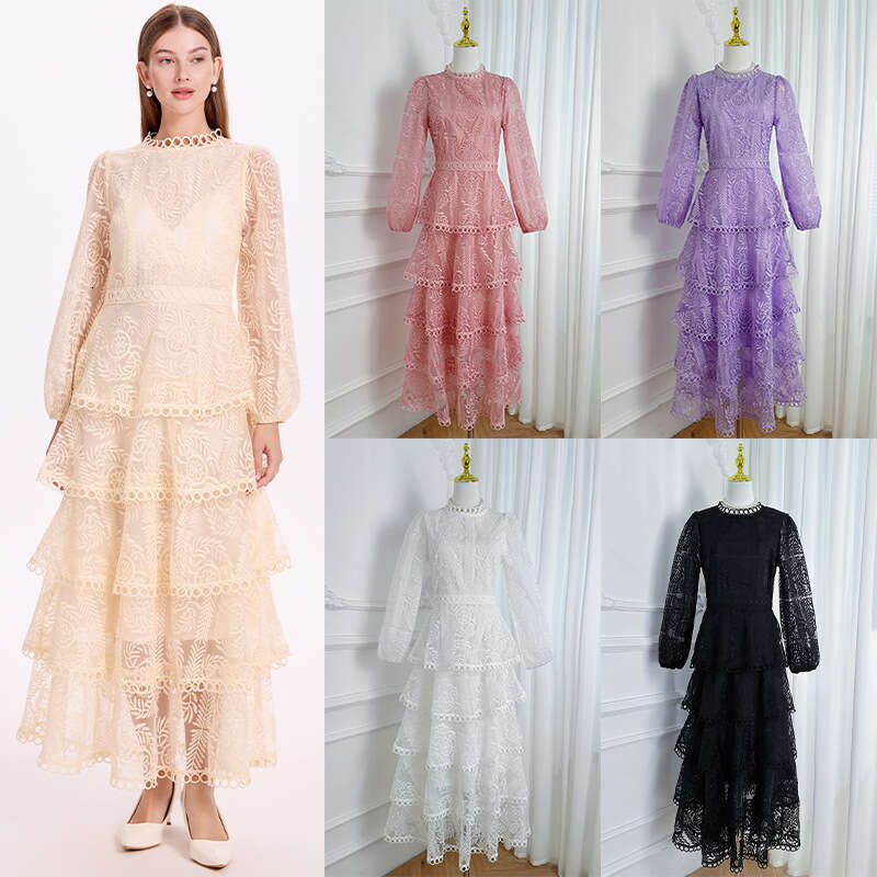 k30 Designer French Elegant Lace Embroidered Round Neck Women's Autumn Light Luxury Thick Layer Long Dress 2026
