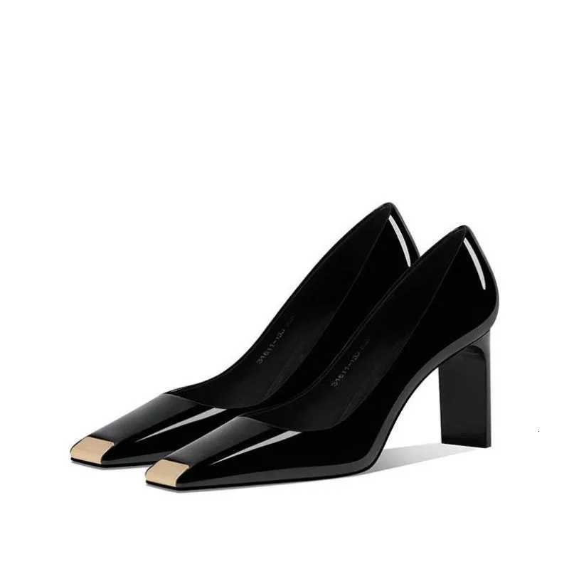 Women Heel Solid Leather Popular Ladies Working Pumps Black High Heels Light Mouth French Temperament Ironhead Women Footware C260321