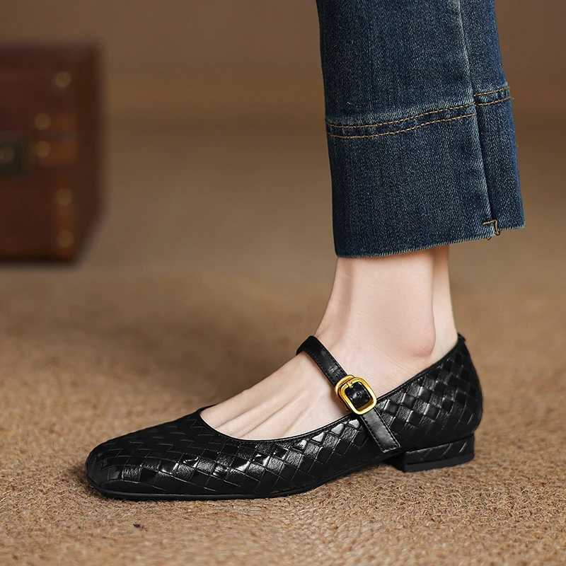 Womens new genuine leather printed cowhide square head metal elastic belt low heel plus size Mary Jane single shoe C260321