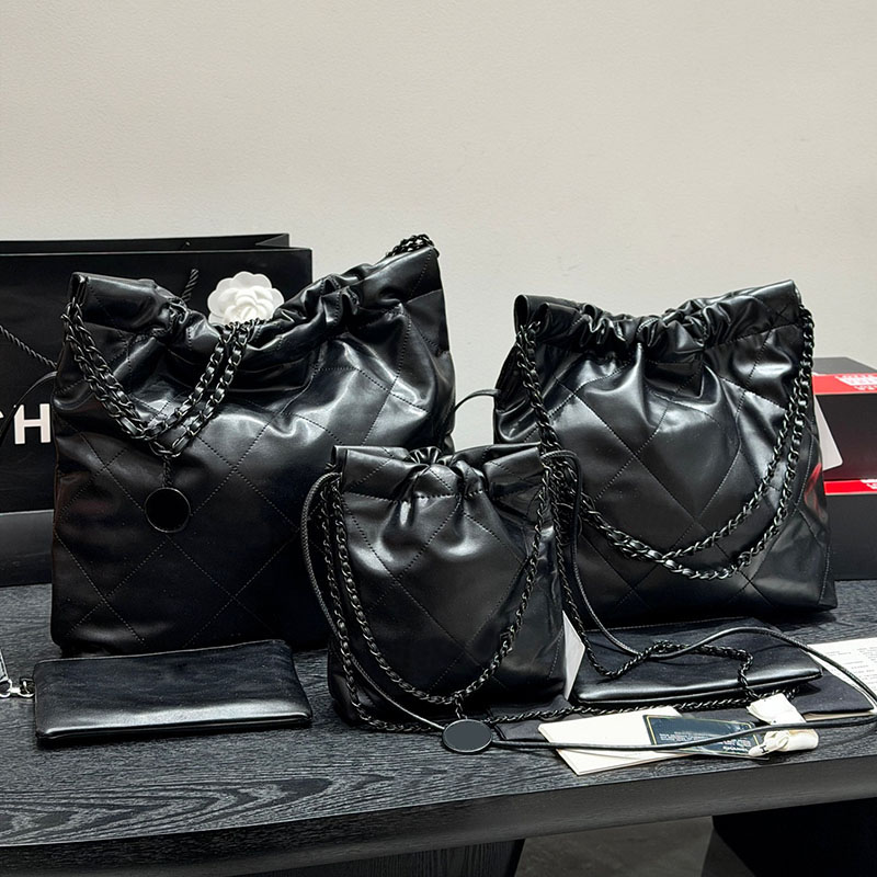 Woman Designer All Black 22 Shopping Bag Coin Charm Letters Hardware Woven Chain Lambskin Leather Large Capacity Vintage Tote Shoulder Handbag with Square Purse