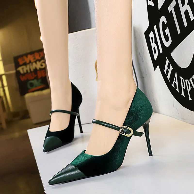Korean Version Party 10cm 7cm High Heels Women Shoes Thin Heels Velvet Shallow Montage Pointed Toe Metal One-line Pumps C260321