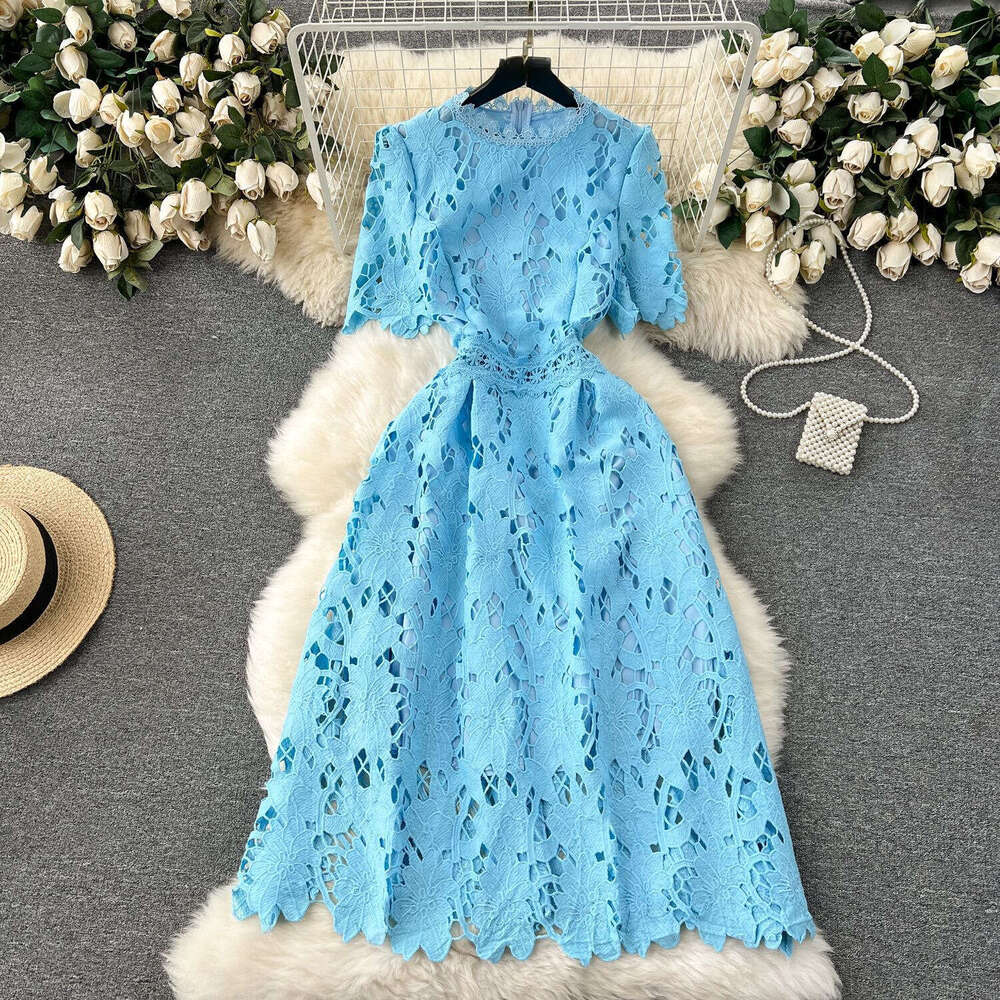 Fashionable and elegant short-sleeved round-neck waist-cinching slimming mid-length B15 A-line dress with hollow-out water-soluble lace
