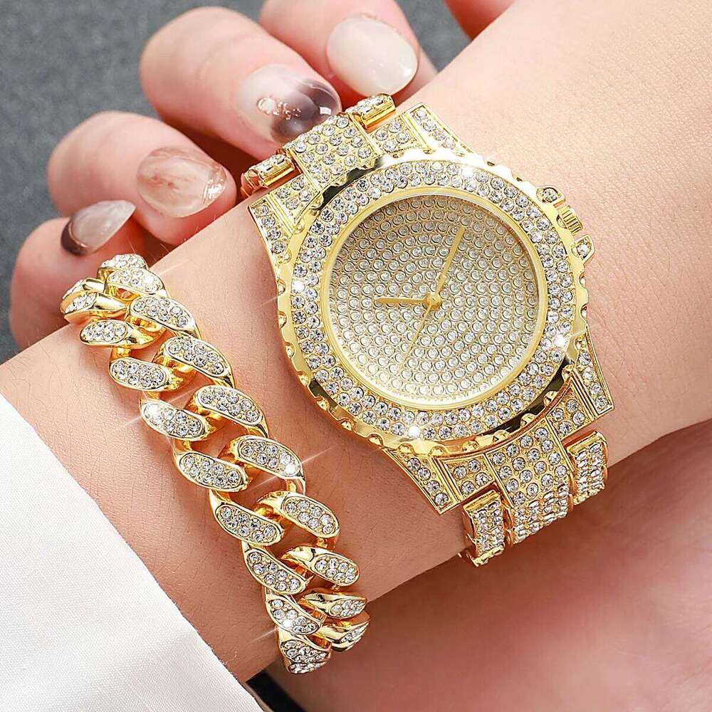 3 Pcs/Set Luxury Full Diamond Watches Gold Steel Band Analog Quartz Necklace Bracelet Set Men's Watch