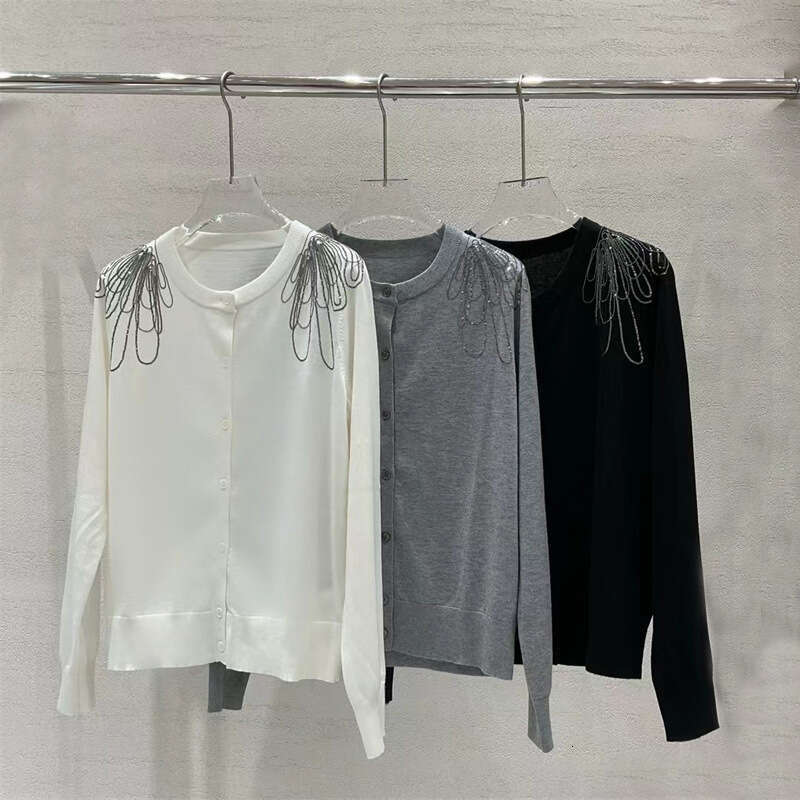 2026 designer shoulder bead chain embroidered round neck S6 long sleeved knitted women's spring and autumn cardigan wool sweater