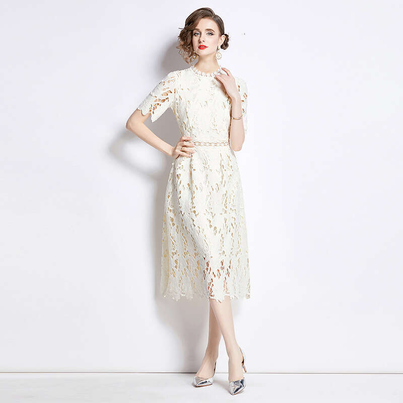 Fashionable and elegant short-sleeved round-neck waist-cinching slimming mid-length B15 A-line dress with hollow-out water-soluble lace