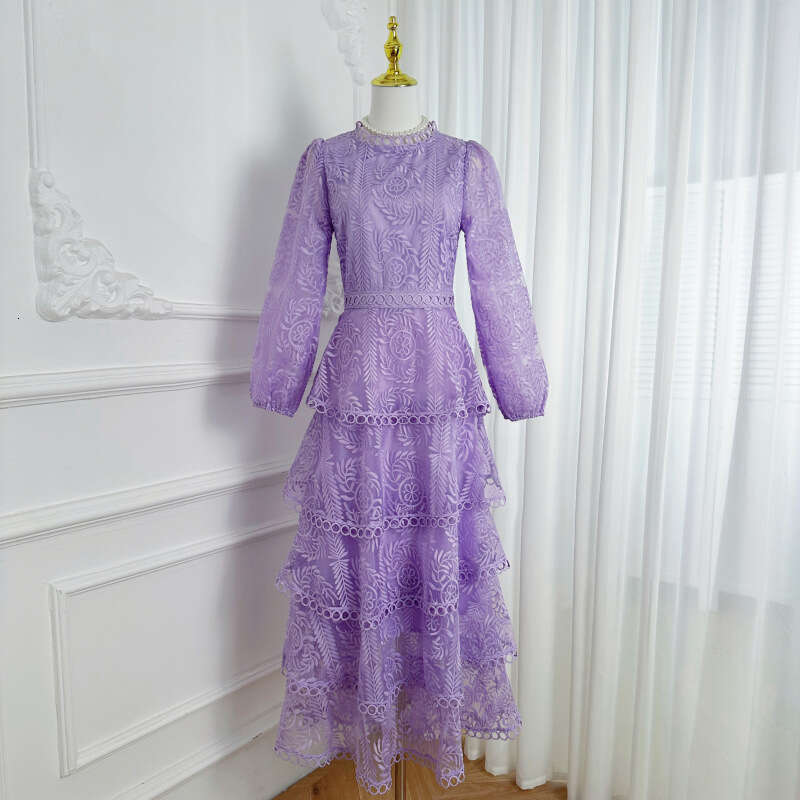 k30 Designer French Elegant Lace Embroidered Round Neck Women's Autumn Light Luxury Thick Layer Long Dress 2026