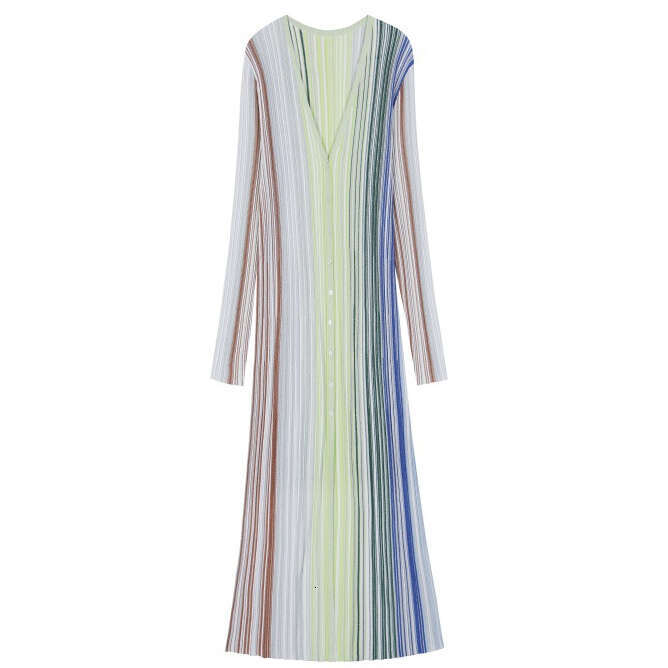 2026 high-end x1 autumn and winter elegant light green V-neck long sleeved single breasted striped knitted dress