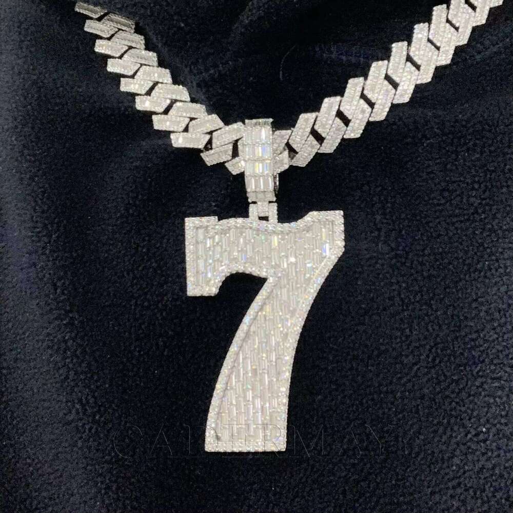 Hiphop Iced Out VVS Baguette Necklace 2.5In 7 Bling Rapper Moissanite Number Initial Pendant
