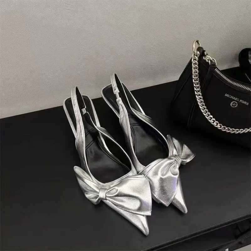 Pointy Bow Sandals Womens Bowknot Slingback Kitten Heels Black Pointed Toe Satin Slip On Low Heels Casual Dress Shoes C260321