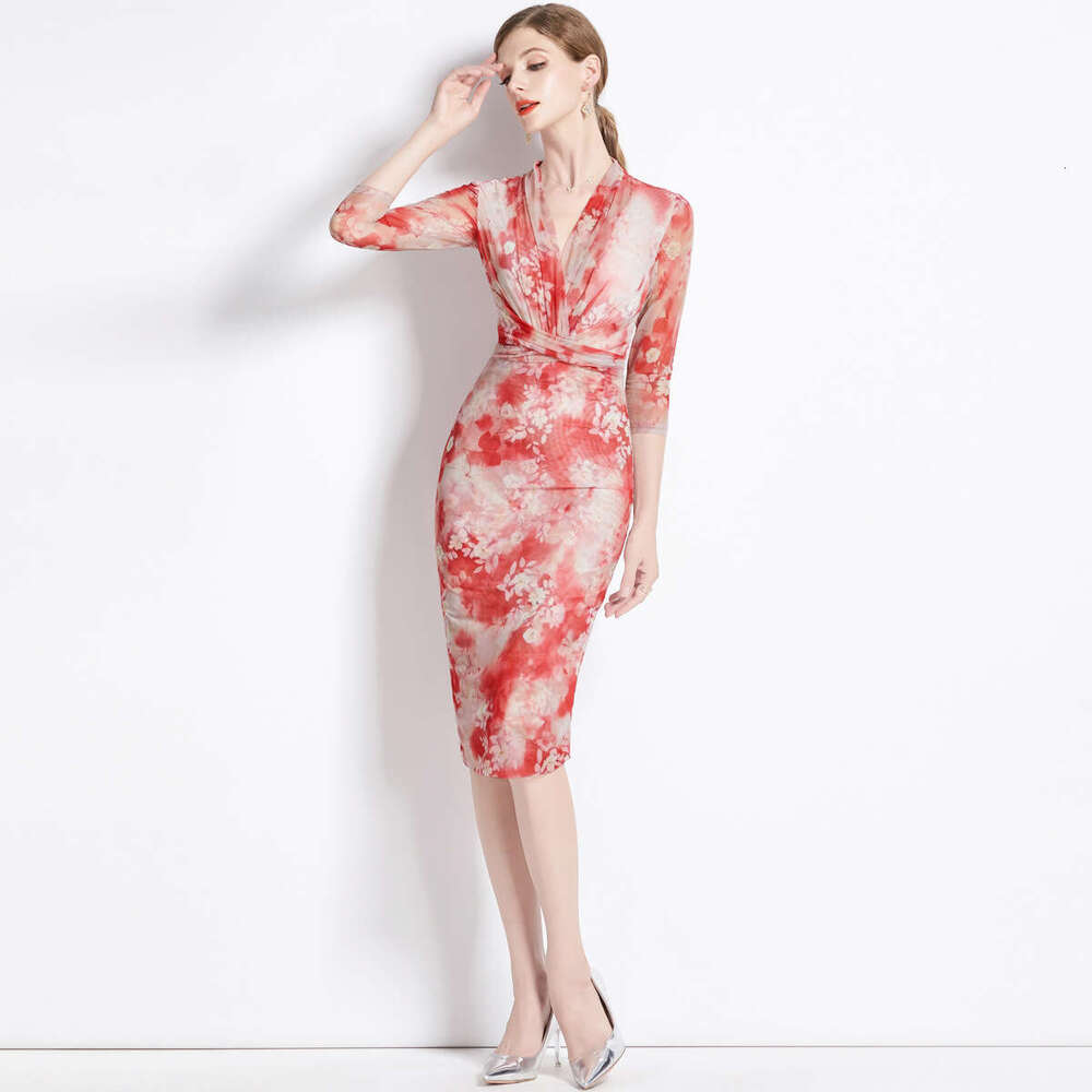Designer women's elegant and slim k30 fit elastic mesh fabric 2026 autumn new waist tight floral wrap skirt