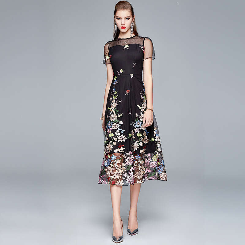 Women's mesh k30 embroidered flower 2026 summer new designer round neck slim fit waist tightening elegant fairy skirt