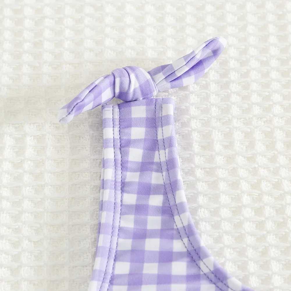 New Summer Kids Split Swimsuit for Girls Bikini Sets 5-14 Years High Waist Purple Plaid Girl Swimwear Bathing Suit a01 M260321