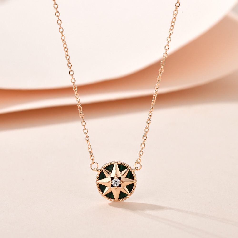 Style Niche Round Natural White Mother-Of-Pearl Eight-Pointed Star Compass Copper Pendant Necklace Fashionable Women's Accessories Collarbone Cha
