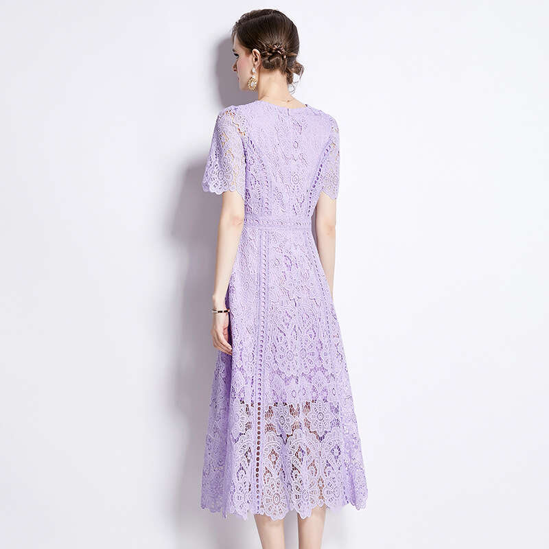 Summer new women's short sleeved lace dress, mid to long hook shaped hollow B15 out purple high waisted A-line dress, 2026