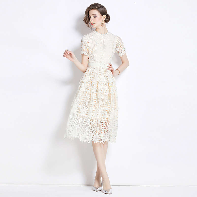 Designer retro palace k30 style short sleeved round neck waist slimming A-line crochet hollow lace elegant dress