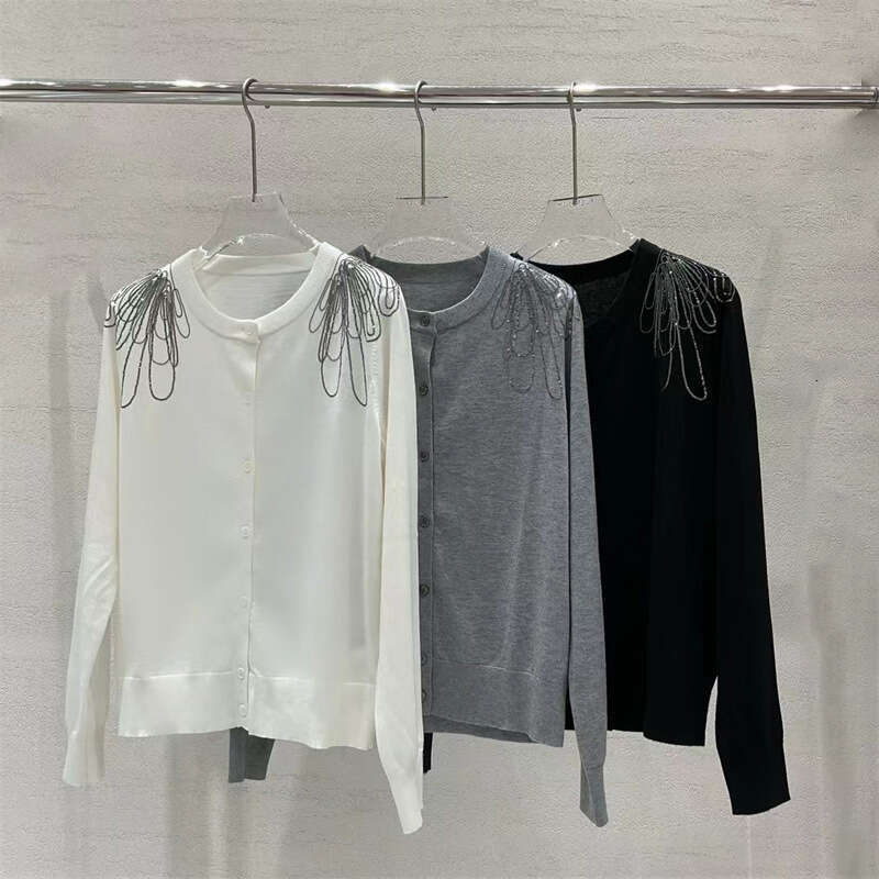 2026 designer shoulder bead chain embroidered round neck S6 long sleeved knitted women's spring and autumn cardigan wool sweater