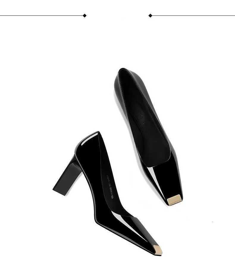 Women Heel Solid Leather Popular Ladies Working Pumps Black High Heels Light Mouth French Temperament Ironhead Women Footware C260321