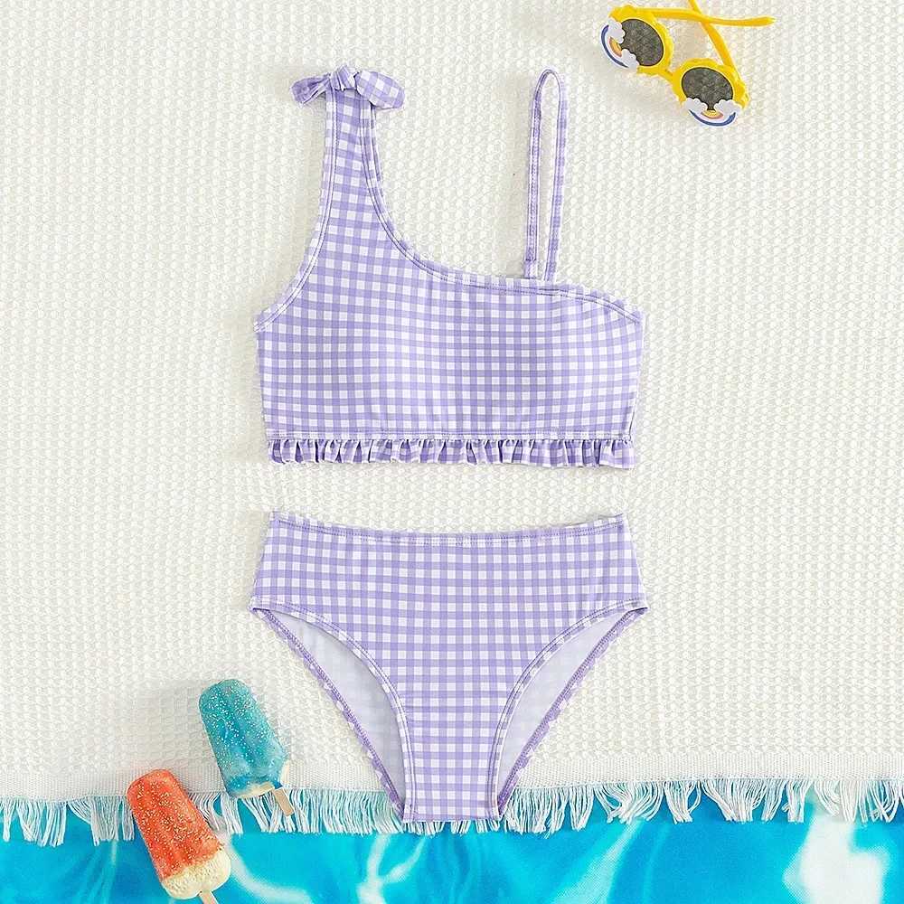 New Summer Kids Split Swimsuit for Girls Bikini Sets 5-14 Years High Waist Purple Plaid Girl Swimwear Bathing Suit a01 M260321