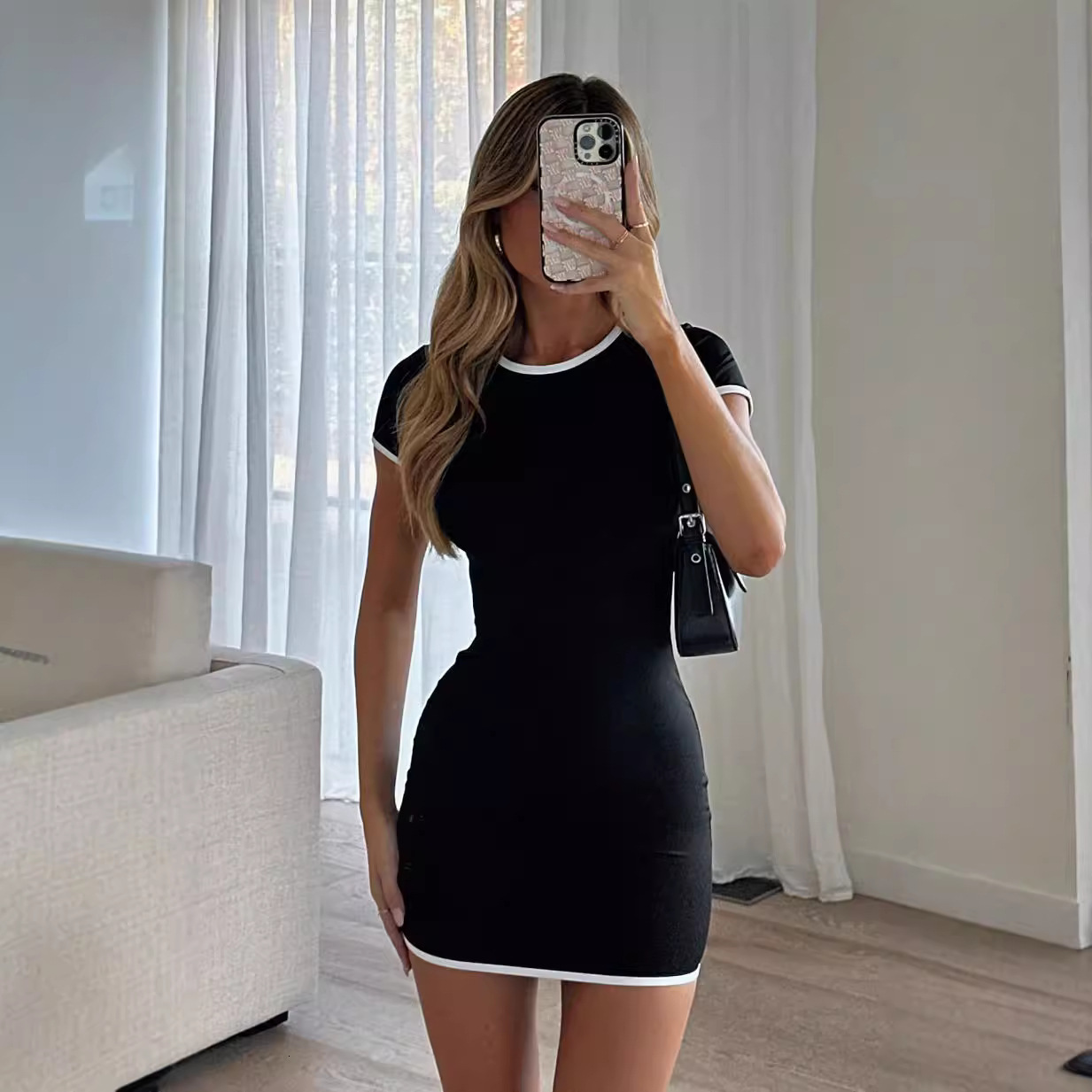 Designer Dress European And American Contrasting Color Round Neck Short Sleeved Dress Long Sleeved Casual Ins Bag Arm Skirt European And American Style