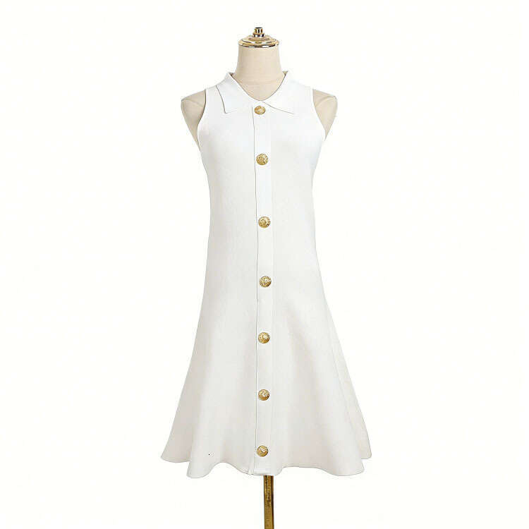 A12 Designer's new sleeveless knitted dress with fold over collar, metal single breasted waistband, A-line skirt