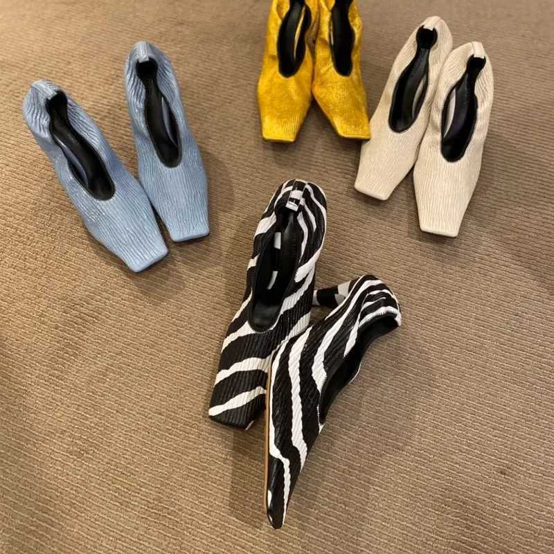 2025 Square Head Early Spring New Fine Heel Zebra-Print Soft Leather Pleated Elastic Witch High Heel Deep Mouth Granny Shoes C260321