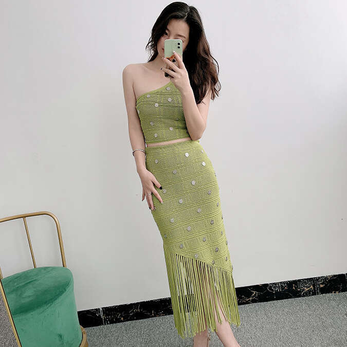 New designer French S6 niche vacation style single shoulder strap tassel knit skirt for summer 2026