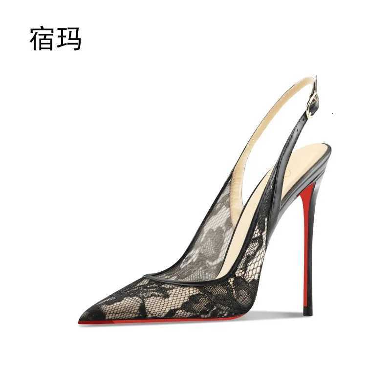 Black lace high-heeled sandals for the summer of 2025 new pointed thin heelshallow mouthcomfortable professional single shoe C260321