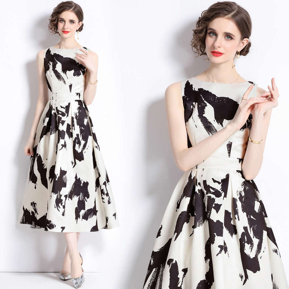 Summer new product: Ink art print round-neck sleeveless high-waisted A14 A-line Korean-style slimming dress for women with a flared skirt