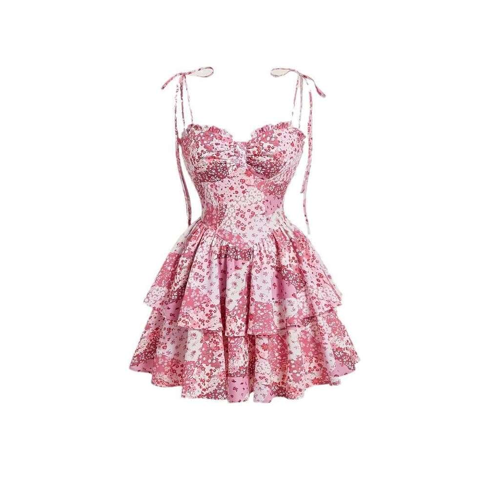 Designer's new European and American women's flower cake retro pink double-layer hem dress with a small k30 fragrant style