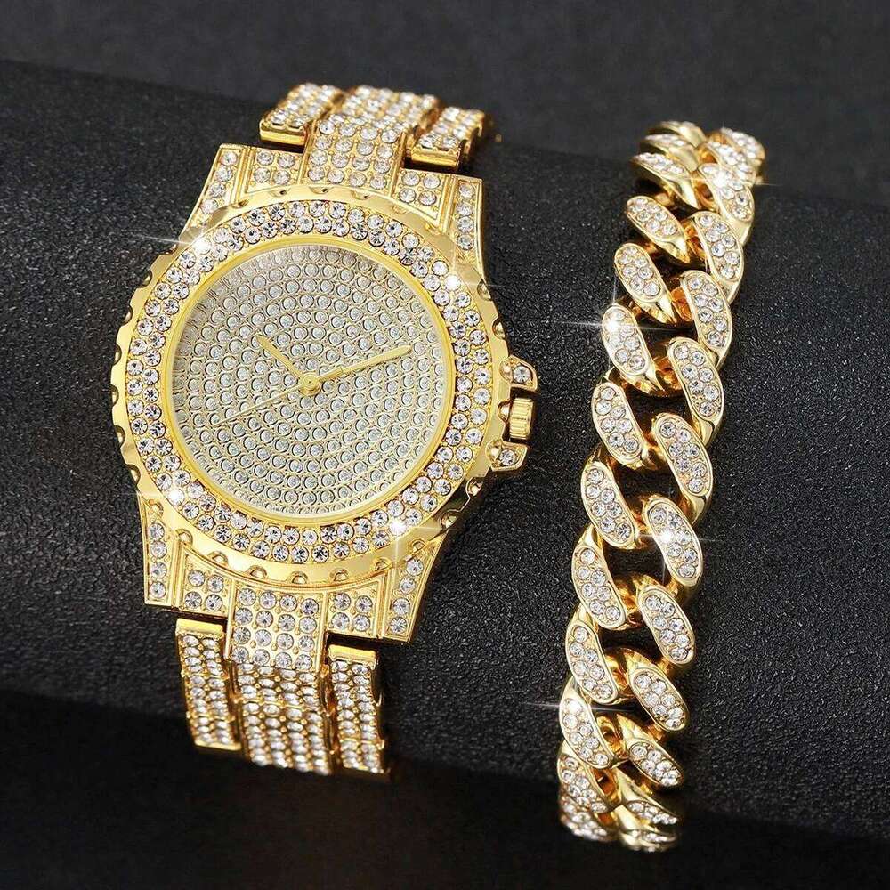 3 Pcs/Set Luxury Full Diamond Watches Gold Steel Band Analog Quartz Necklace Bracelet Set Men's Watch