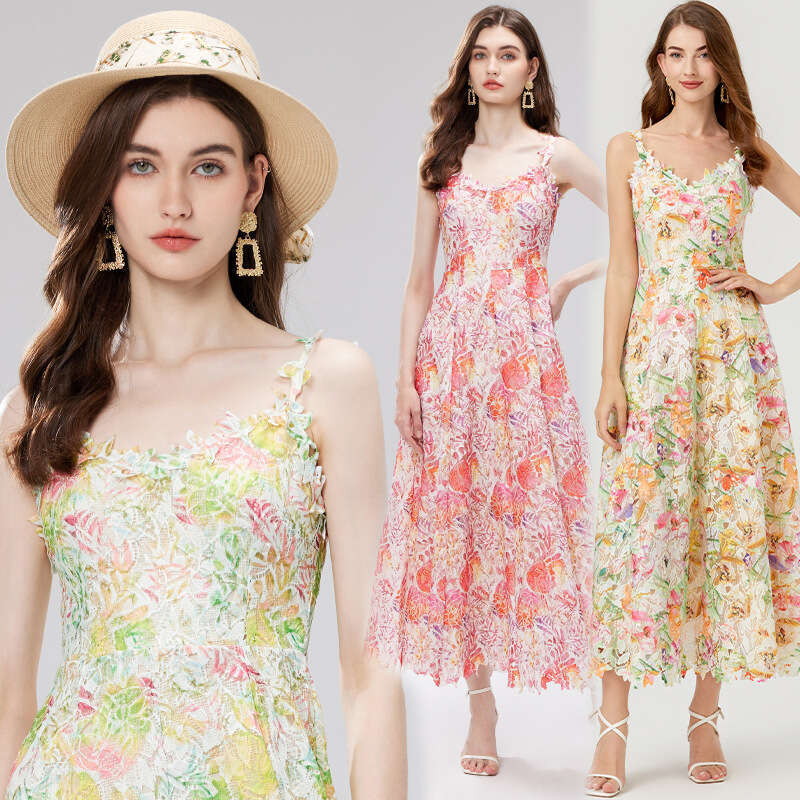 2026 designer French court style printed women's vest summer mesh hollow waist design k30 unique long skirt