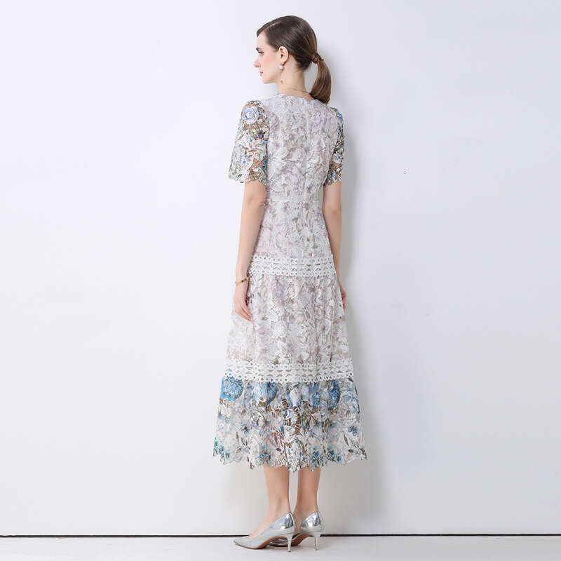 Designer French retro style elegant high-end exquisite hollow out water-soluble lace A14 waist cinching slimming fashionable long skirt