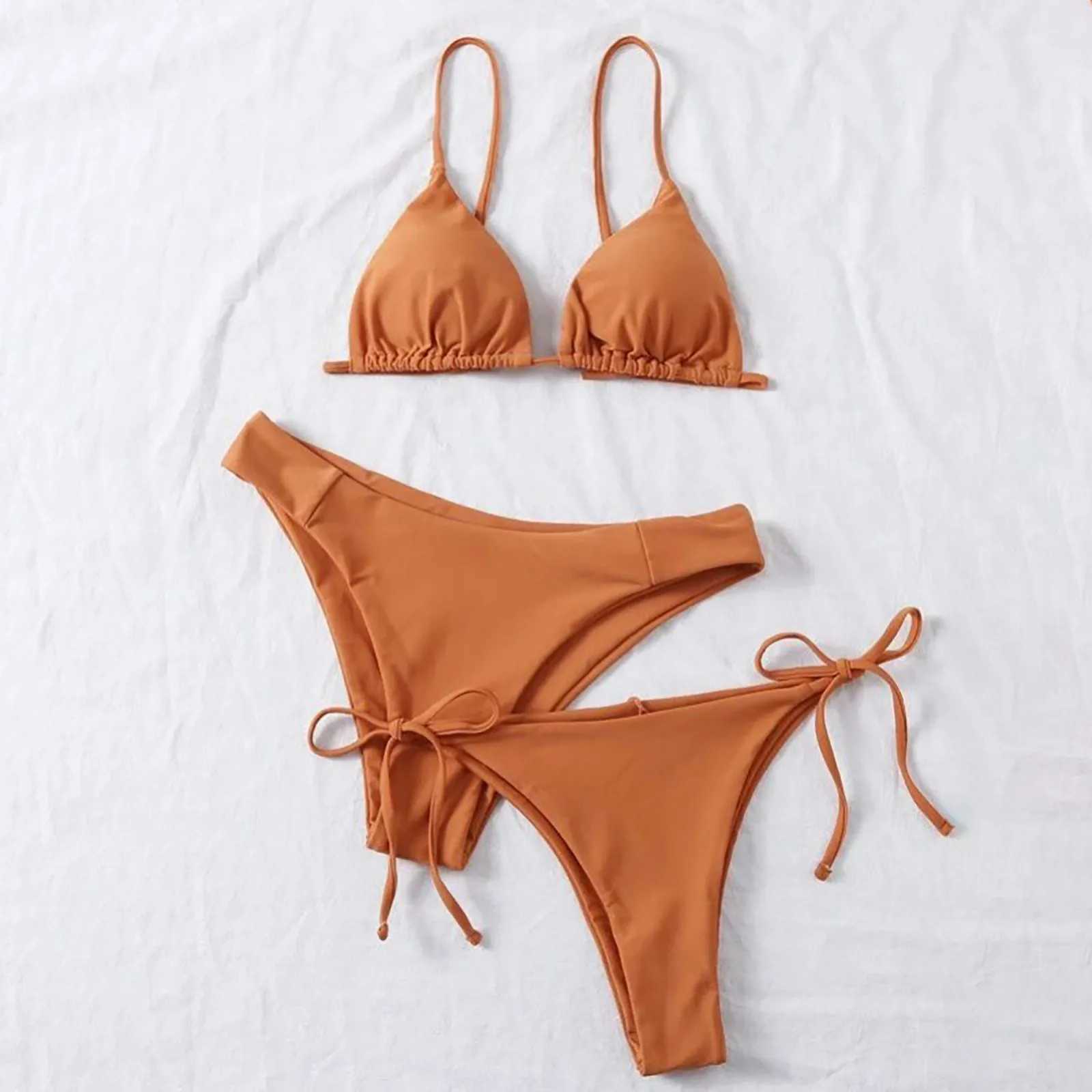 Sexy 3 Pieces Set Swimwear Women Lace Up Micro Bikini Set Female Solid Low Waist Swimsuit Beachwear Bathing Suit M260321