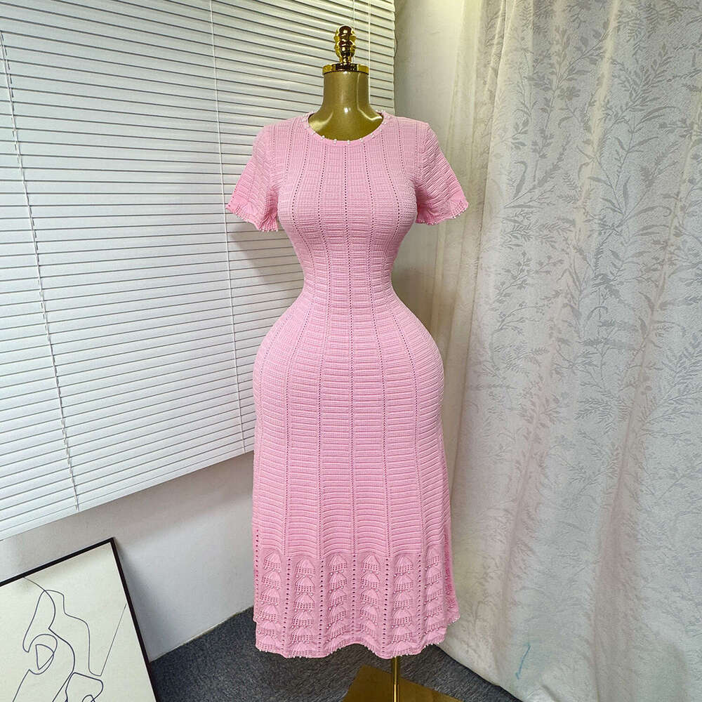 2026 S6 Summer Designer Elegant Round Neck Bead Decor Hollow out Slimming Fashion Women's Short Sleeve Knitted Dress