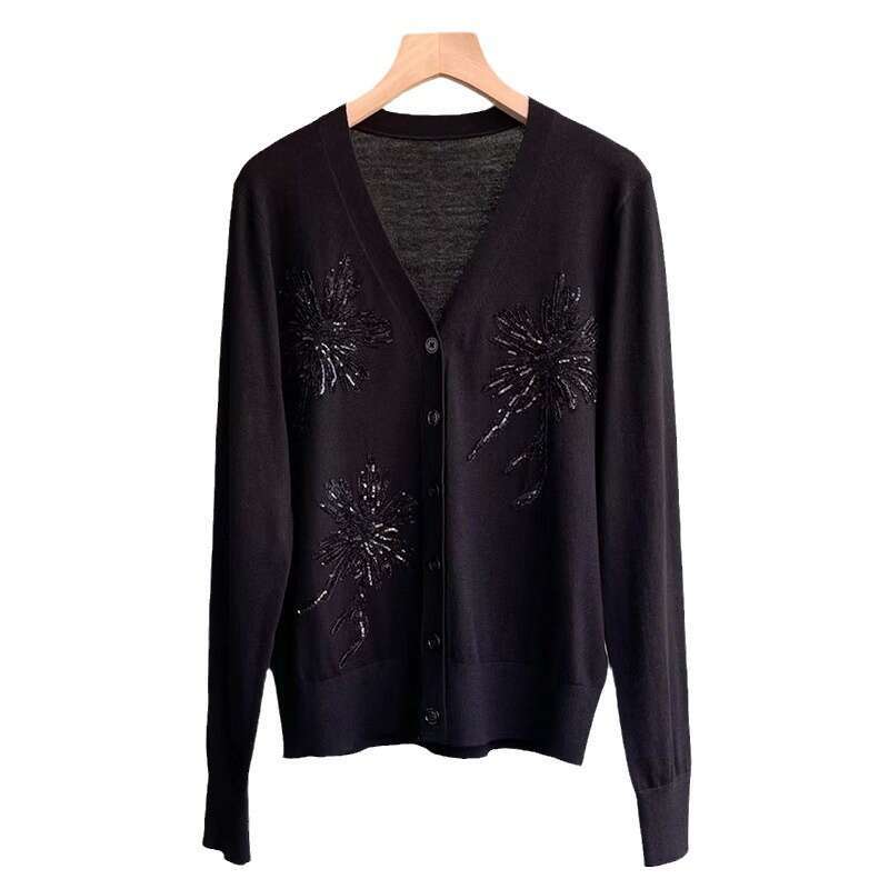 2026 designer embossed sequins new mulberry S6 silk wool knitted sweater V-neck long sleeved pearl embroidered thin cardigan