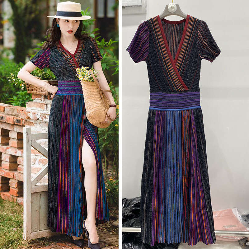 2026 e22 autumn and winter new designer gradient color striped gold wire waist elastic slit dress