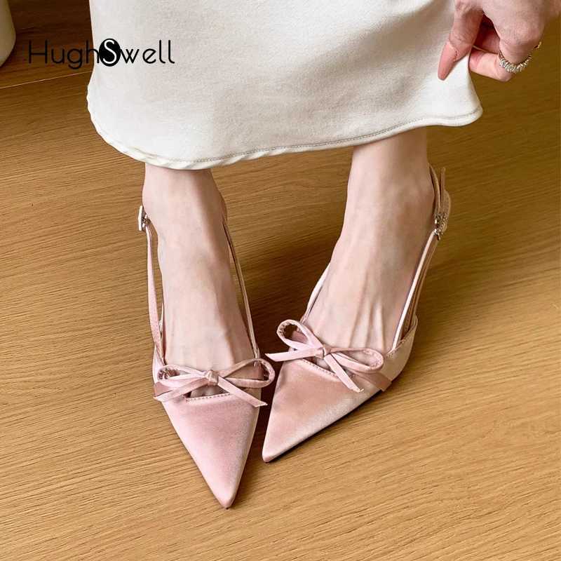 Satin Silk Slingback Sandals Woman Pink Silver Point Toe Thin Heel Bowknot Sandalias Ladies Elegant Evening Party Shoes C260321