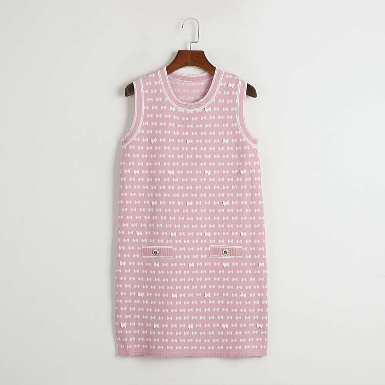 2026 Summer Women's Small Fragrant Style A12 Bow Jacquard Round Neck Sleeveless Knitted Tank Top