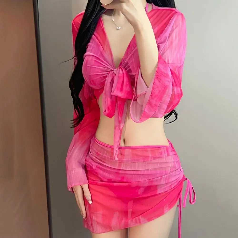 Tie Dye Bikini Set Mesh Long Sleeve 4 Piece Set Swimsuit Set Drawstring Mini Skirt Pleated Skirt Bathing Suit Vacation M260321
