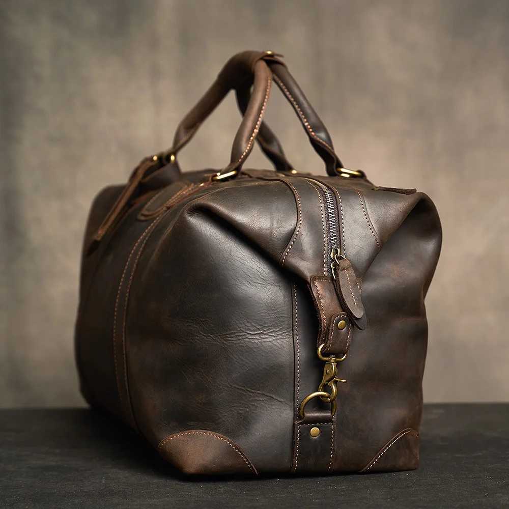 Customised Laser Engraving Crazy Horse Genuine Leather Men Travel Bag Real Leather Travel Duffel Male Luuage Handbag Duffle H260321