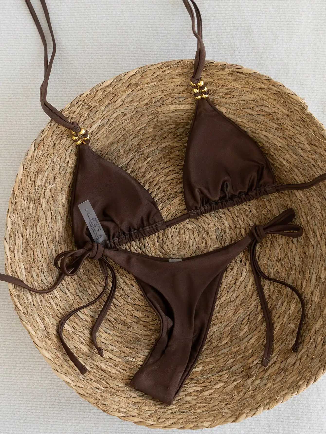 Brown Elegance - Metal Beaded Triangle Bikini Swimsuit M260321