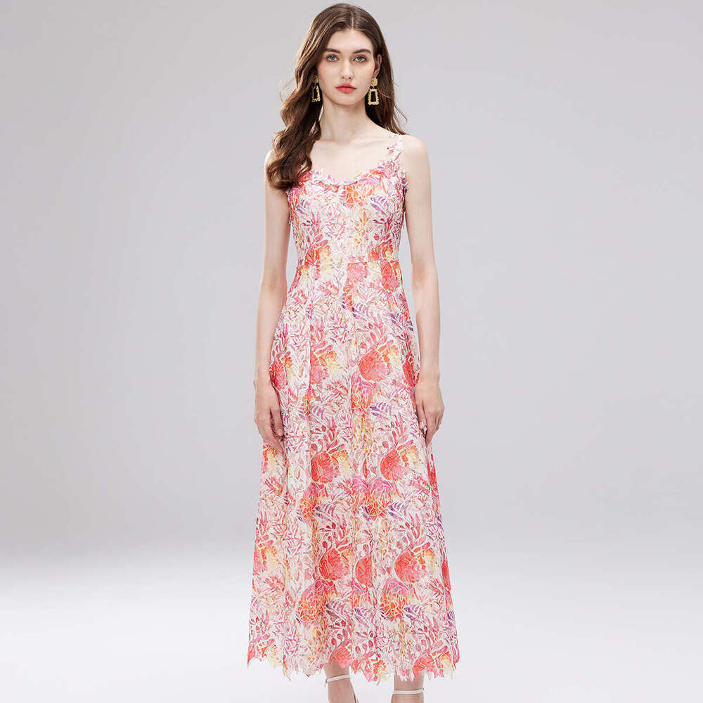 2026 designer French court style printed women's vest summer mesh hollow waist design k30 unique long skirt
