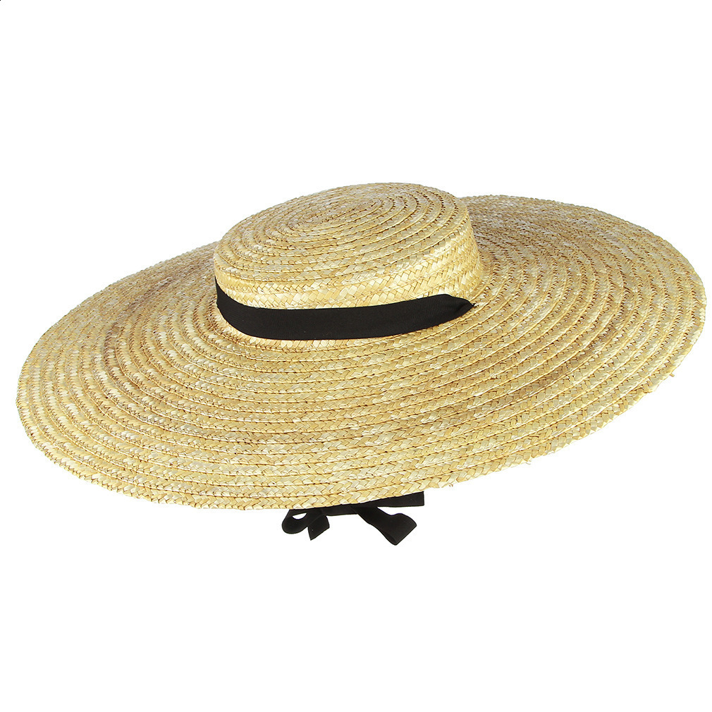 Vintage Large Brim Straw Hat for Women Flat Top Summer Beach Cap Shallow Crown Boater Sun Hats Ribbon Tie Wicker Hat 220601