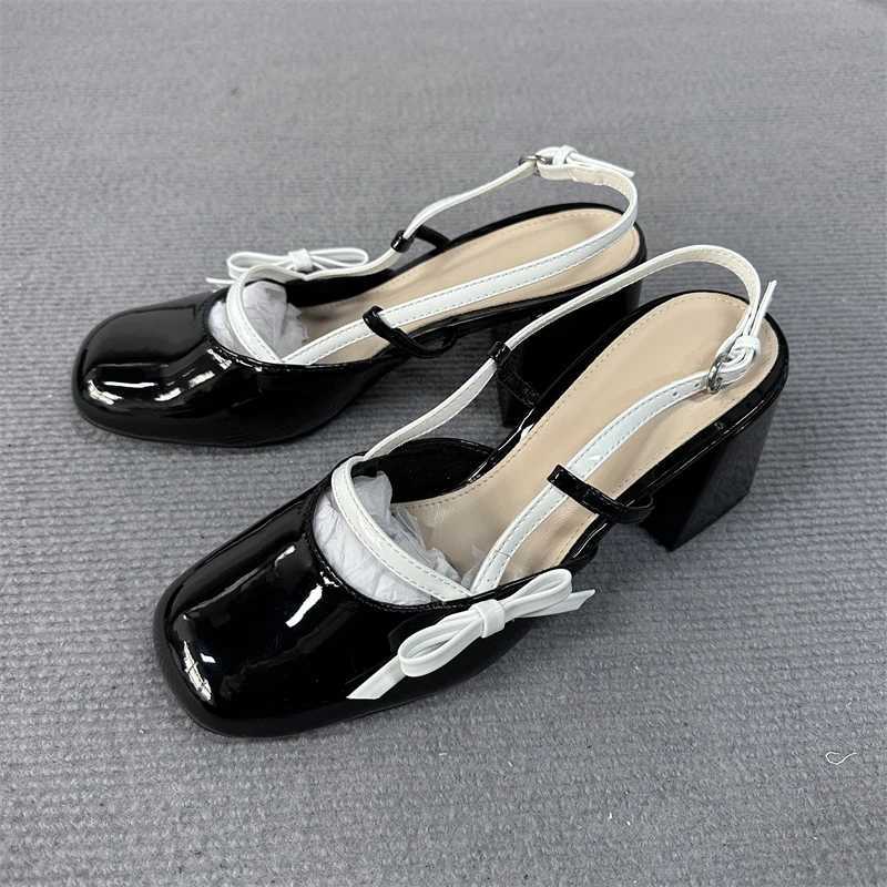 Womens Mary Jane Shoes Black Patent Leather Female Sandals Back Straps with Bowknot C260321