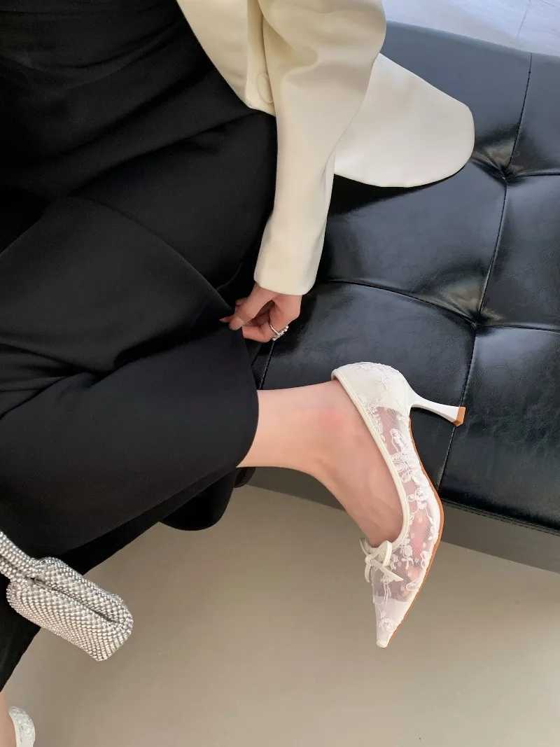 2026 New High Heels Womens Shoes Pointed Lace Fine Wedding Shoes Mesh Single Shoes C260321