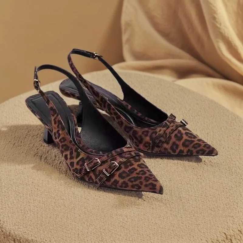 Ladies Pointed Toe Slingback Sandals Sexy Leopard High Heels Summer Women Comfort Low Heel Office Pumps Elegant Dress Shoes C260321