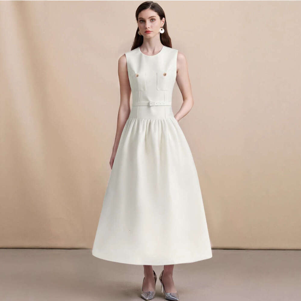 2026 Designer's New French Women's Elegant and Exquisite Round Neck Patch B15 Bag Waist Sleeveless Solid Color Party Skirt