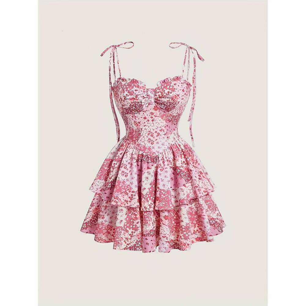Designer's new European and American women's flower cake retro pink double-layer A12 hem dress with a small fragrant style