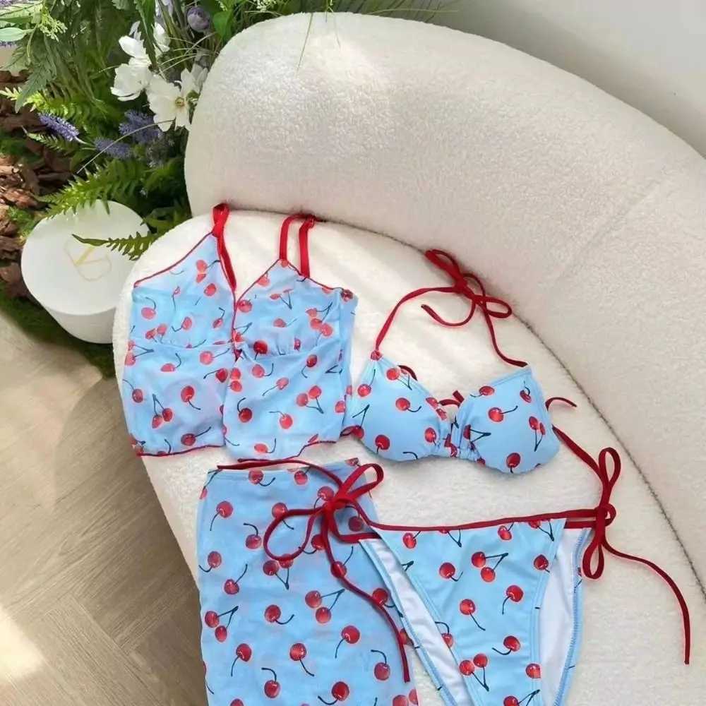 Split Swimsuit Pure Color Cherry Bikini Set Push Up Mesh Lace Up Four Piece Set V Neck Wrap Skirt Sexy Swimwear Summer Holiday M260321