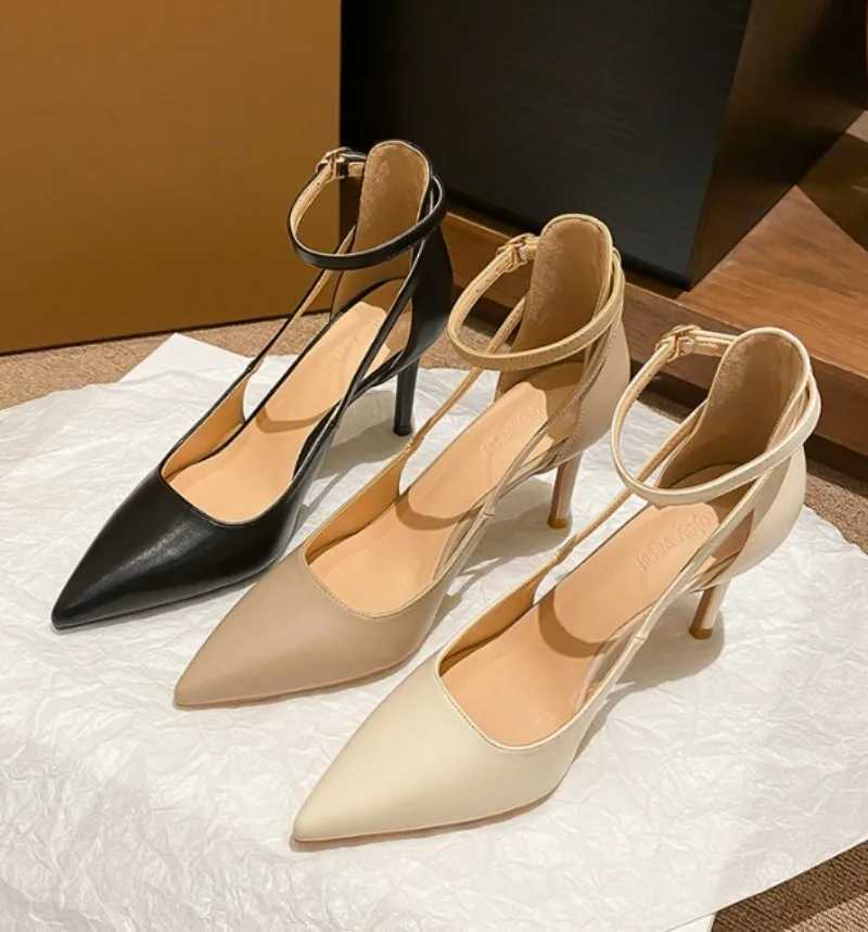 Ankle Strap Pointed Toe Women Slingback Pumps Black Matte Leather Hollow Stiletto High Heels Sandals 6CM and 8CM C260321